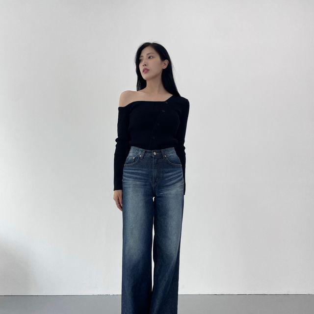 데님 워싱 와이드 팬츠