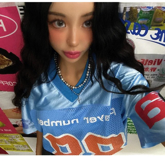 [유니크/힙한] 메쉬 새틴 페인팅 슬립 져지 반팔 크롭 티셔츠 핑크 블루 그레이 블랙 걸스힙합 스트릿