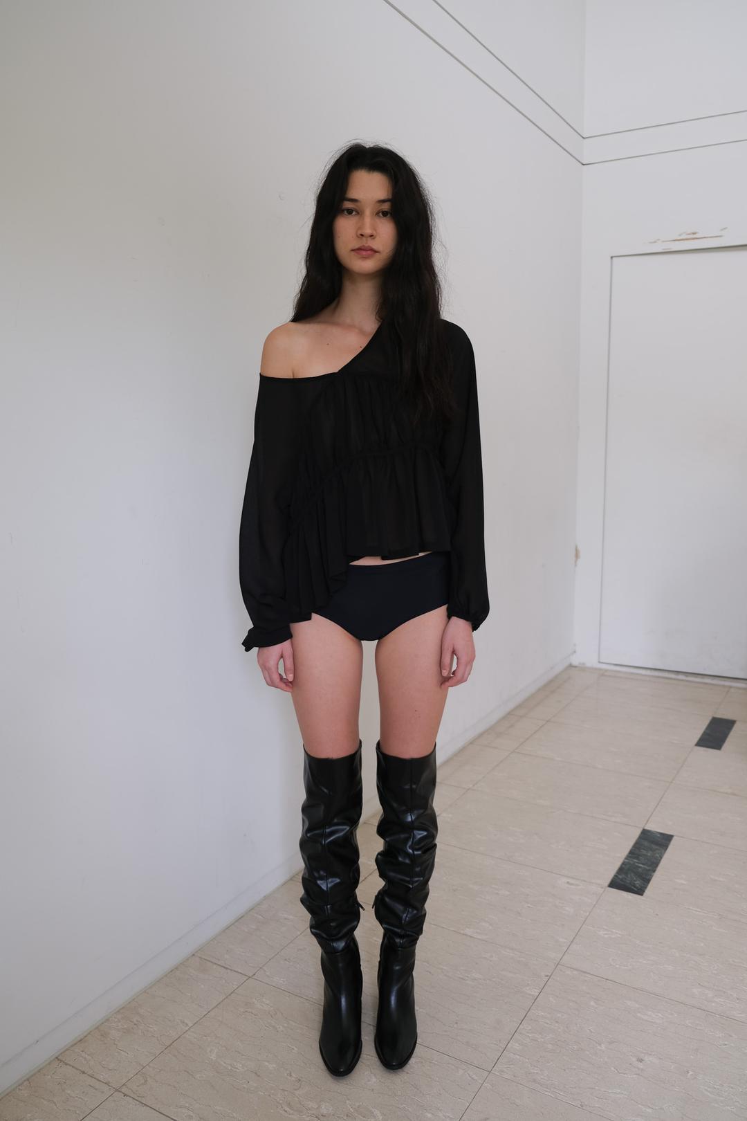 See-through Shirring Blouse / Black