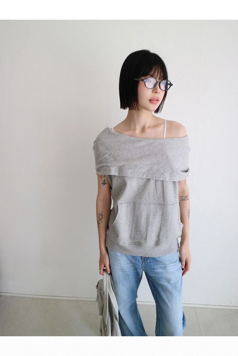 로프 후디드 오프숄더 맨투맨 (2colors)