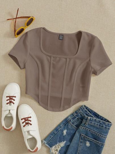 SHEIN EZwear 스퀘어 넥 이음매 디테일 비대칭 아랫단 티