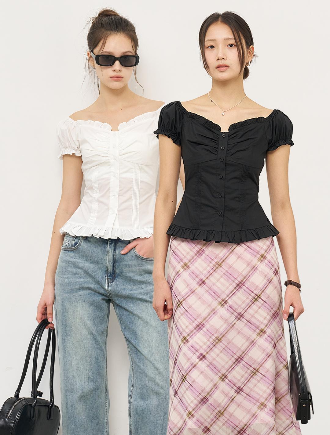 제너럴아이디어 WOMAN 캡 슬리브 하트넥 셔링 블라우스 [2COL]