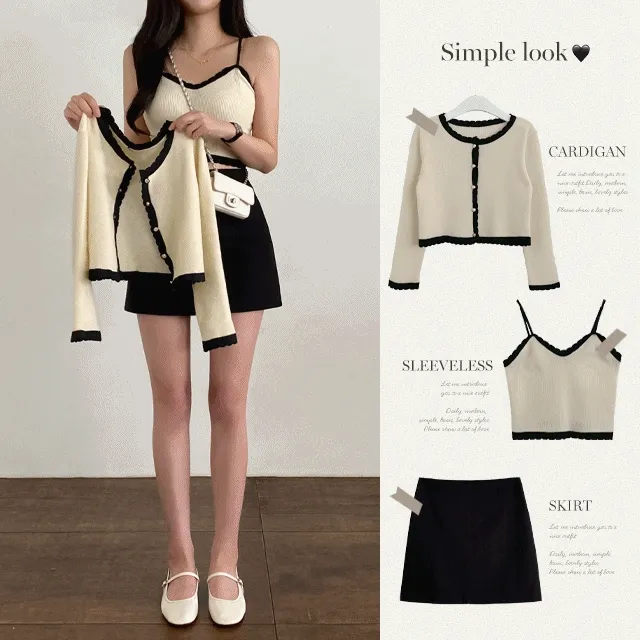 [당일출고/세트] 하객룩 크롭 배색 니트 나시가디건 세트 + 치마바지 a라인 미니스커트