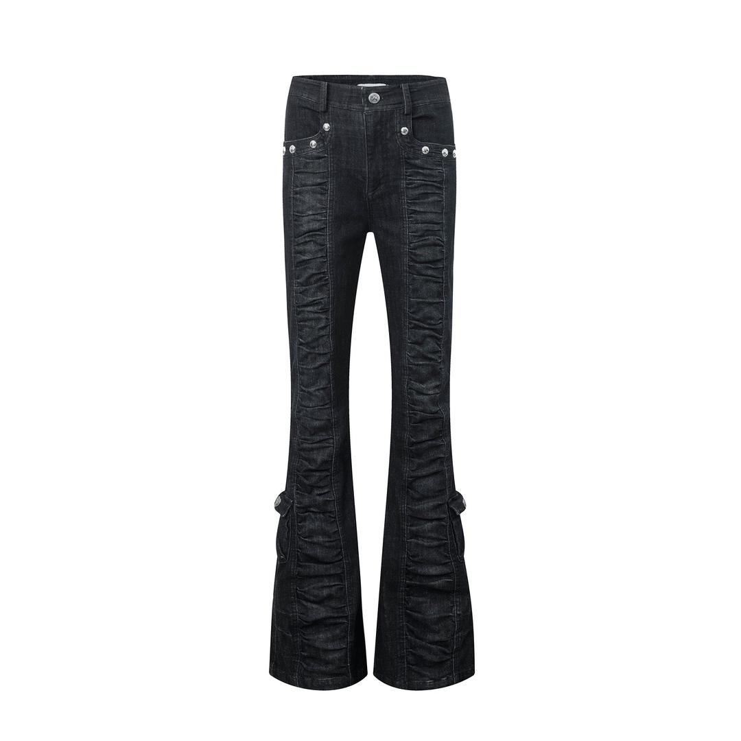 Upgraded Mid Waist Ruffle Slim Flare Jeans