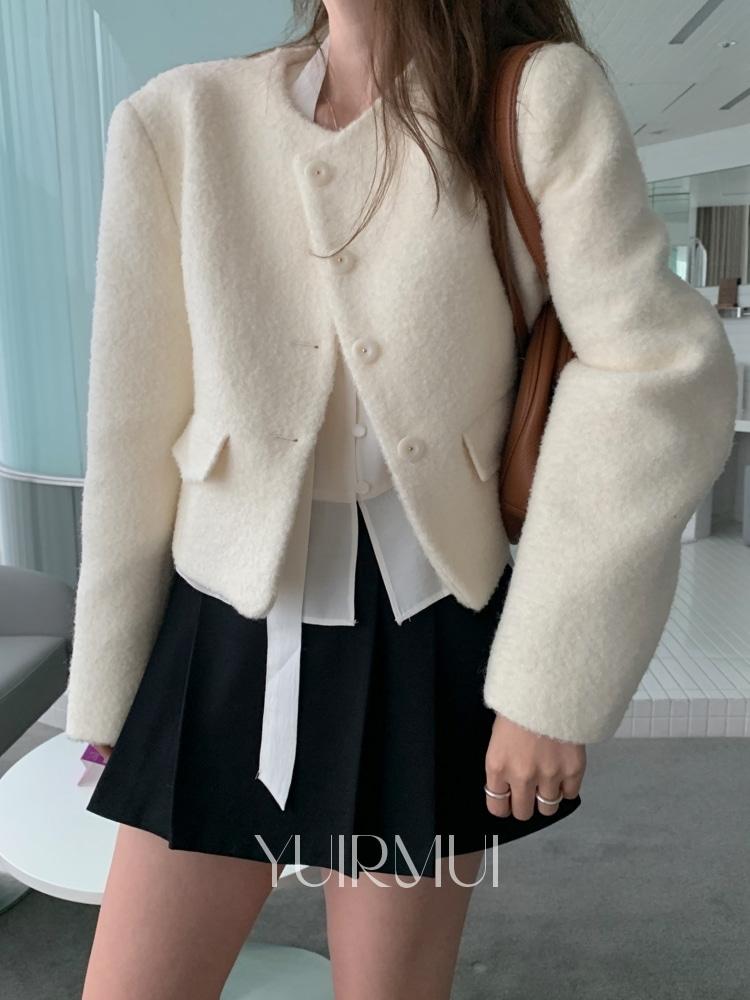 mellounge 멜라운지 울 부클 노카라 라운드 트위드 자켓 3color