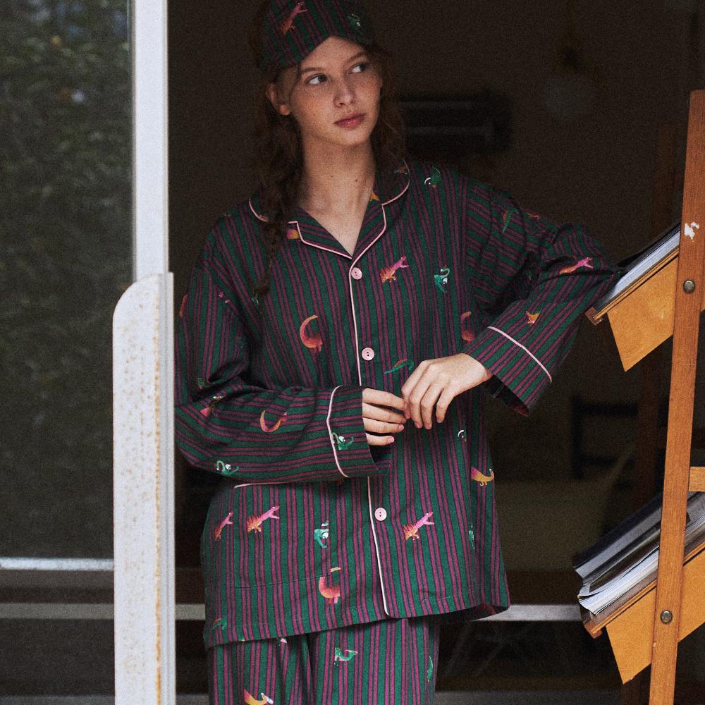 텐셀 모달 스트라이프 다이노 패턴 긴팔 세트 여성 커플 잠옷