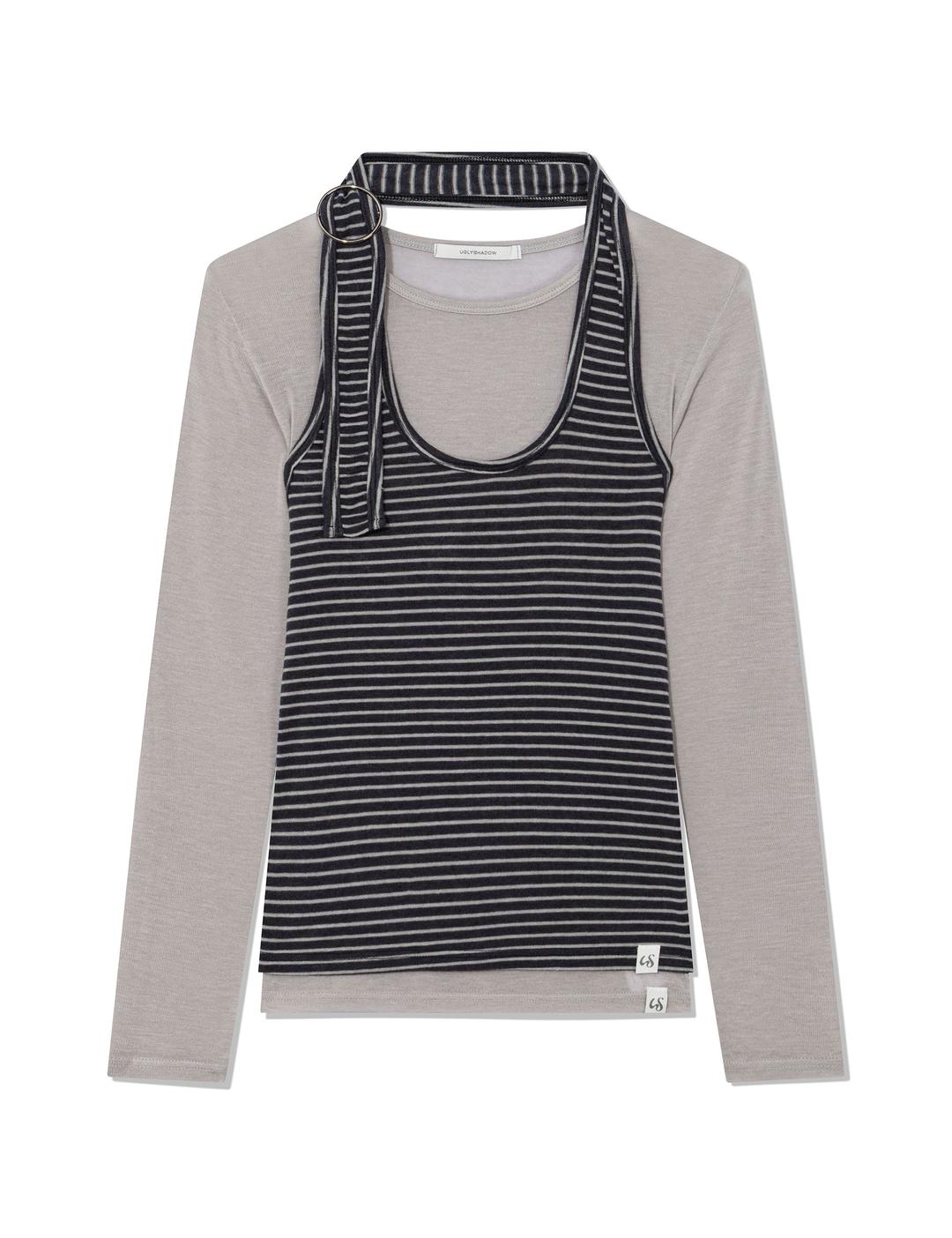 STRIPED HALTER NECK LAYERED T-SHIRT(CHARCOAL)