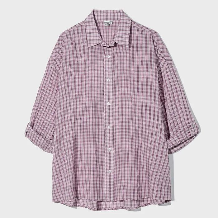 Sheer Check Roll Up Shirts Red Purple