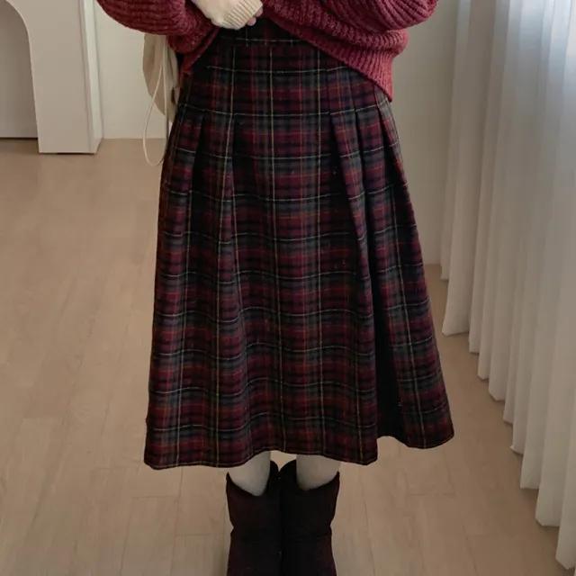 Carol Wool Check Flare Skirt(Red)