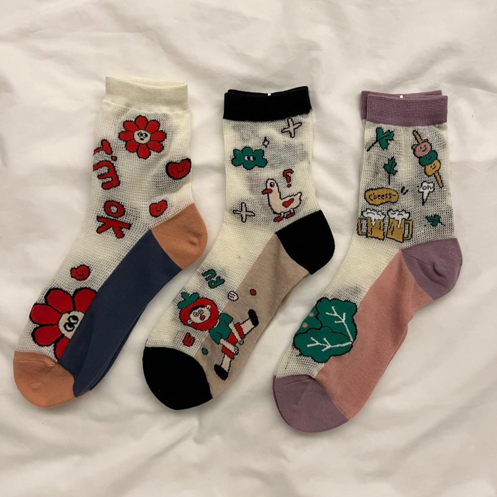 [여성] 드로잉 메쉬 망사 양말 세트(3ea)+박스포장