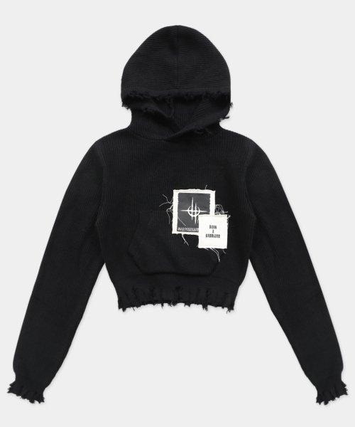 디스트로이드 후디드 크롭 스웨터 - 블랙