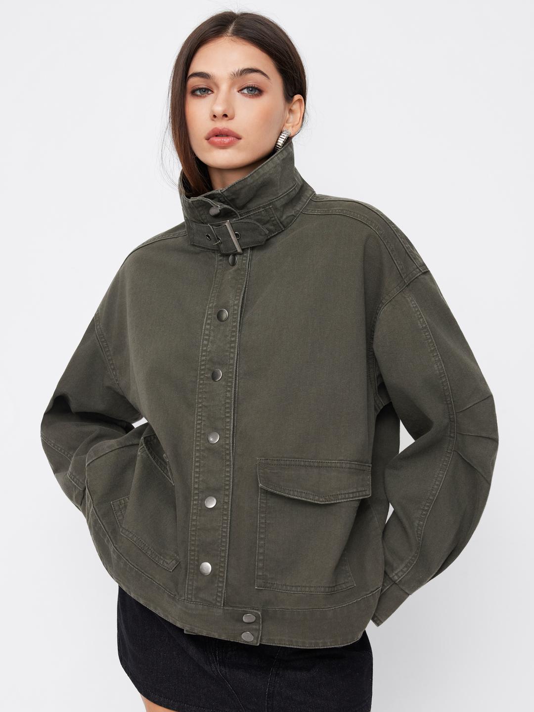 Two Way Denim Funnel Neck Belted Pleated Oversized Jacket