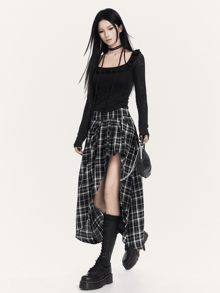 VOCK diagonal check long skirt