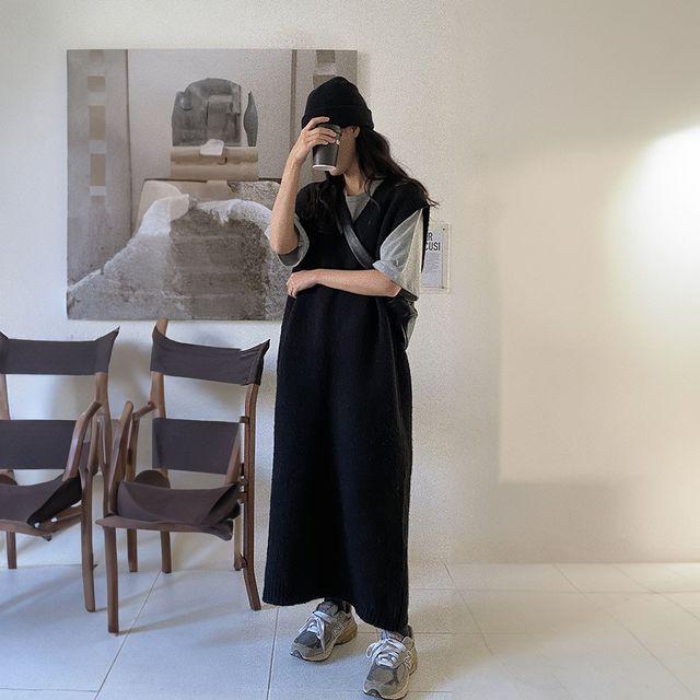 타임 니트 조끼 원피스 레이어드 롱원피스