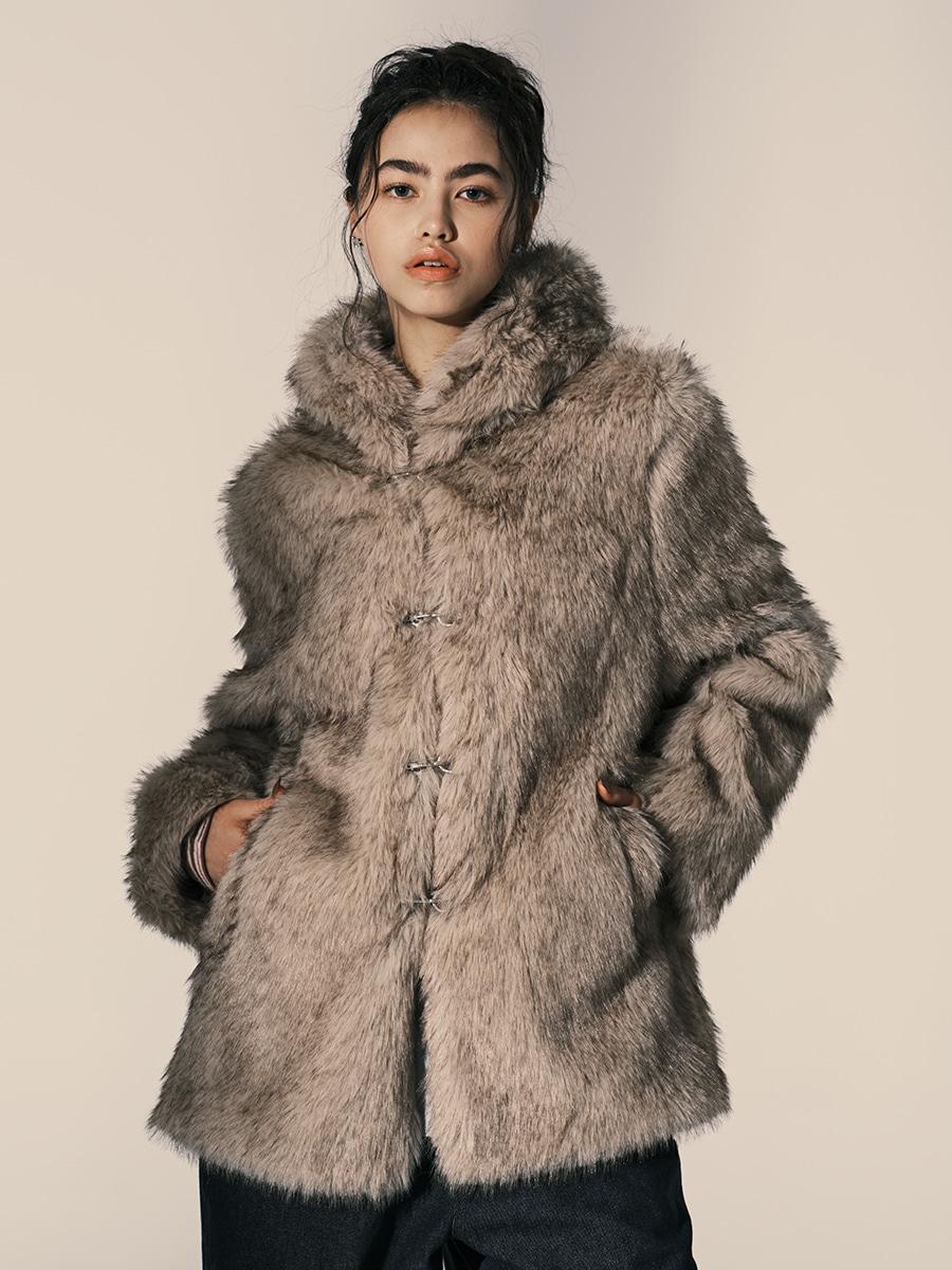 HOODED FUR COAT BEIGE
