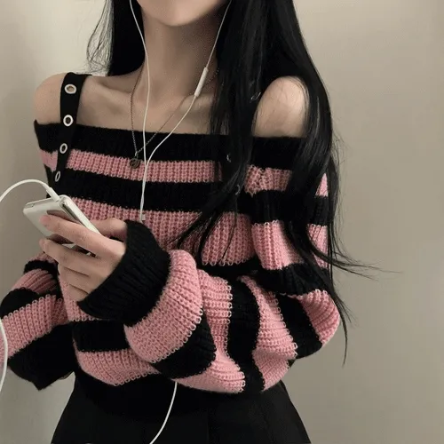 [옆트임!] 멜로우 오프숄더 끈나시 단가라 트임 니트