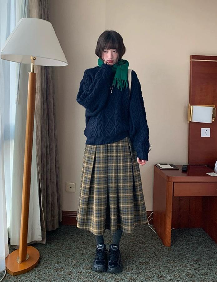 RAINY 루즈핏 A라인 울 블렌드 플레드 스커트 (2color)