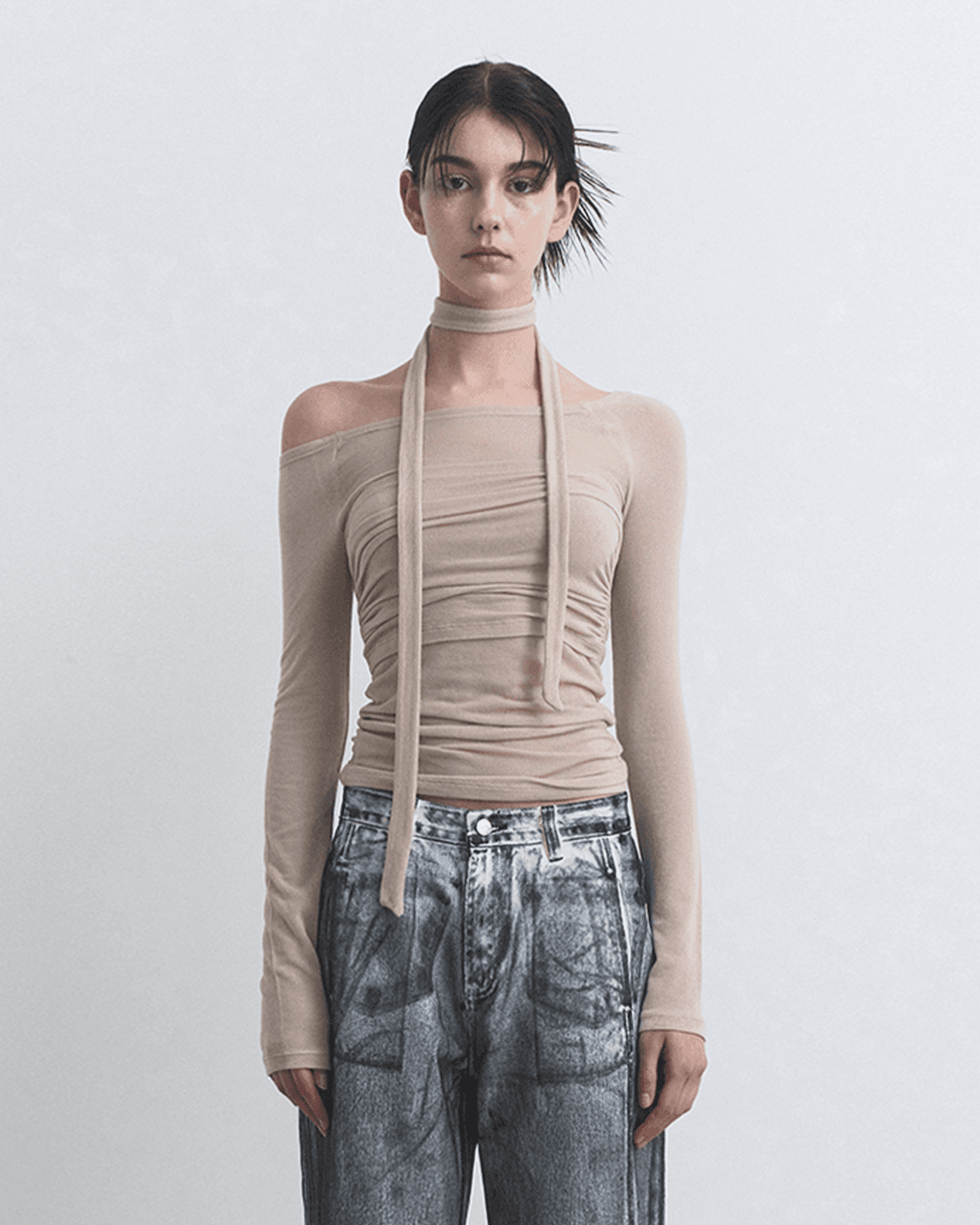 RIBBON OFF-SHOULDER DRAPE TOP, BEIGE