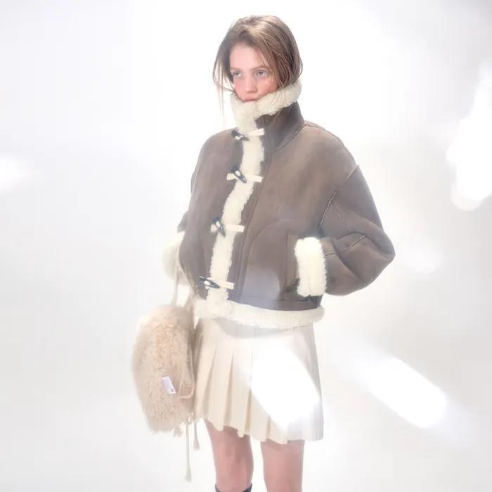 High-Neck Suede Mustang Coat, Brown