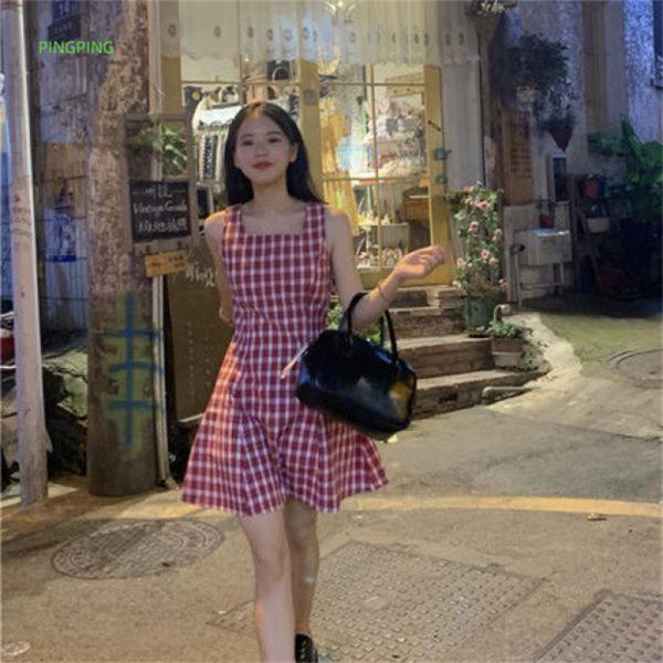 블랙핑크 제니 레드 체크무늬 원피스 나시 썸머  은 치마 스커트