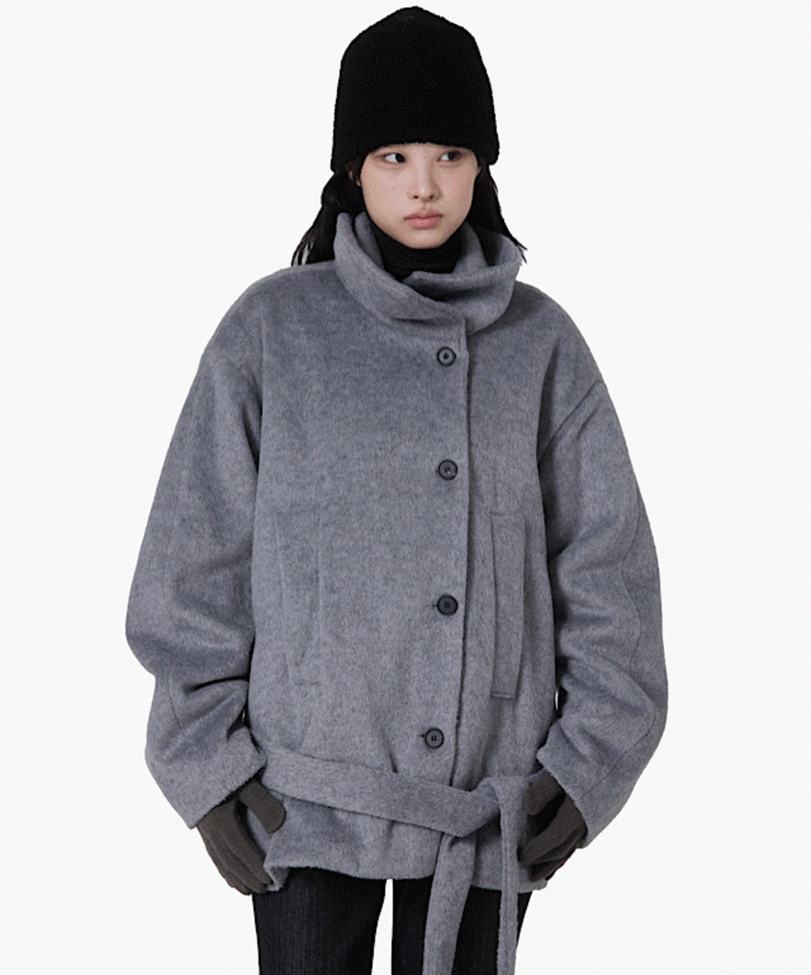 헤어리 울 하이넥 벨티드 하프 코트