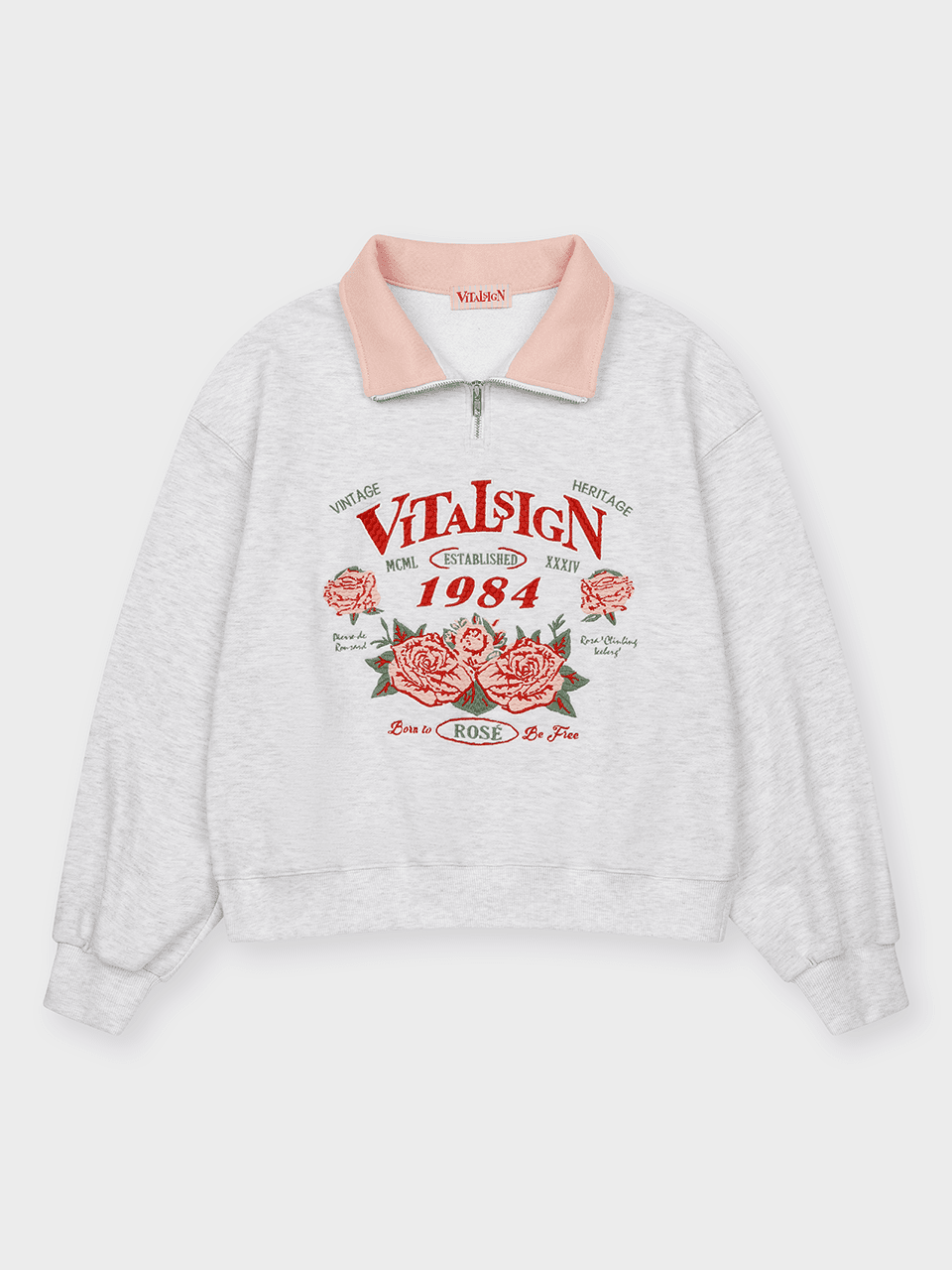 배색 카라 로즈 자수 하프 집업 맨투맨