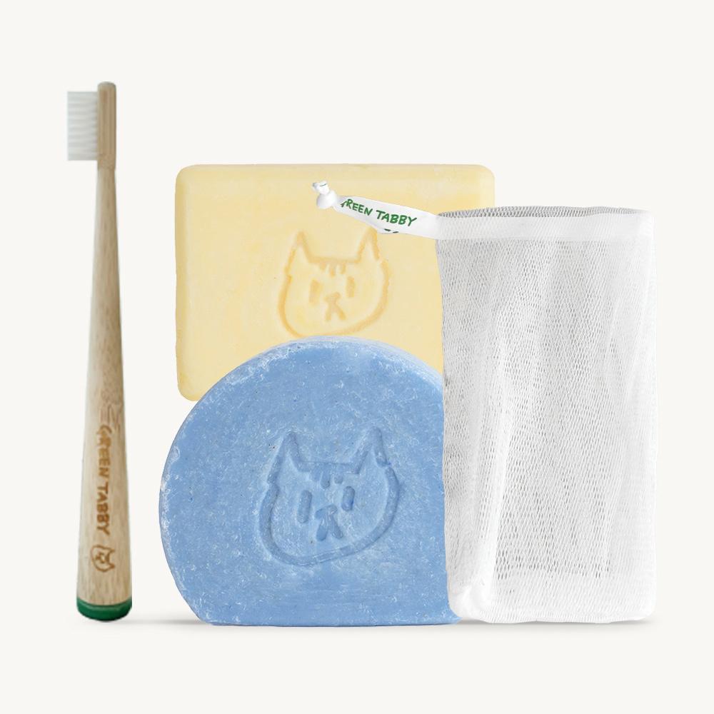 (스타터 세트) 블루 샴푸바 1개 + 트리트먼트바 1개 + 비누망 1개 + 대나무칫솔 1개