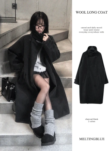 [브랜드퀄/울소재🖤]원더 오버핏 하이넥 더블 롱코트 겨울아우터 겨울코트 울코트 하이넥코트 연말룩 크리스마스 고퀄리티(차콜/블랙)