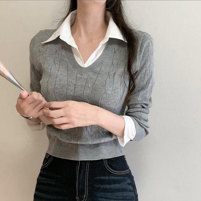 Set 올드머니룩! 클래식 셔츠 레이어드 하이틴 꽈배기 브이넥 긴팔 니트(3color)_빈야드