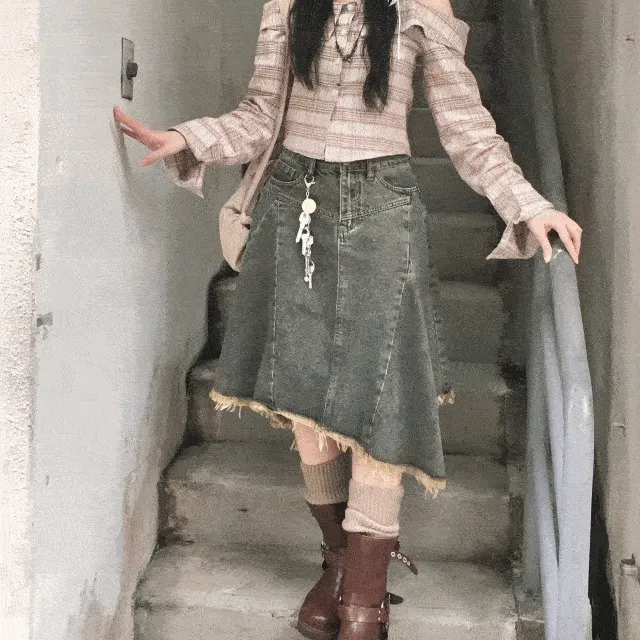 (중청재입고!!) [숲속소녀🌲/빈티지워싱🤎] 엔젤모리걸 언발 레이어드 수술 미디 데님스커트 청치마
