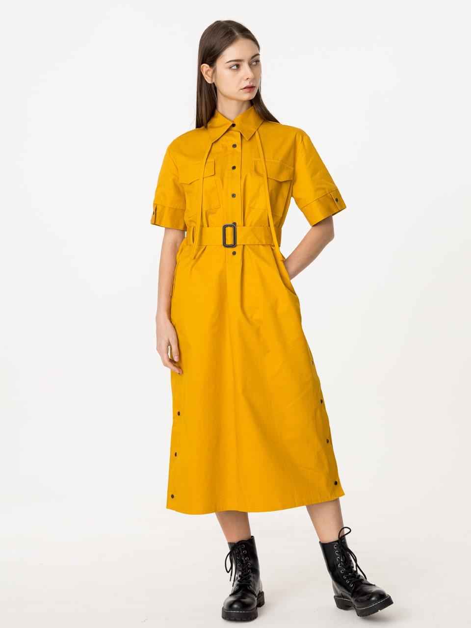 [분더가이스트] 셔츠카라 반팔 스트링 롱원피스 머스타드