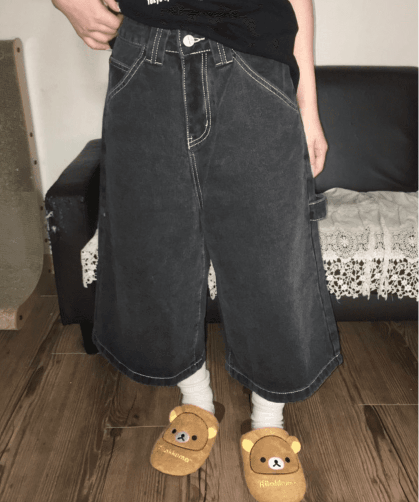 블루하츠 [실물&핏보장] 와이드 카펜더 흑청 7부 버뮤다 데님 미디 팬츠 청반바지