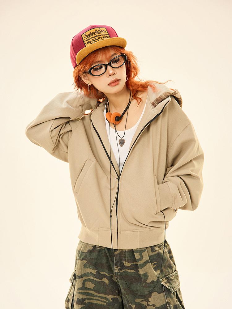 MAIKAO Checkered Splicing Hoodie Jacket (2color)