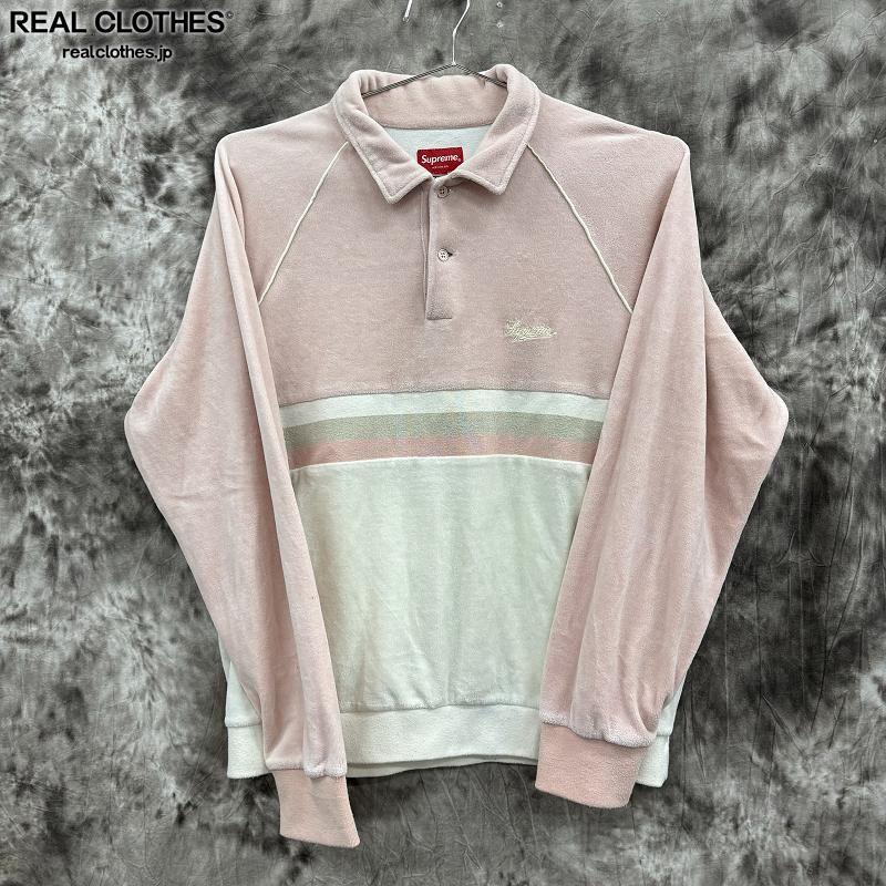 Supreme/シュプリーム【19SS】Stripe Velour Raglan L/S Polo/ストライプ ベロア ラグラン ロングスリーブ/ピンク/S