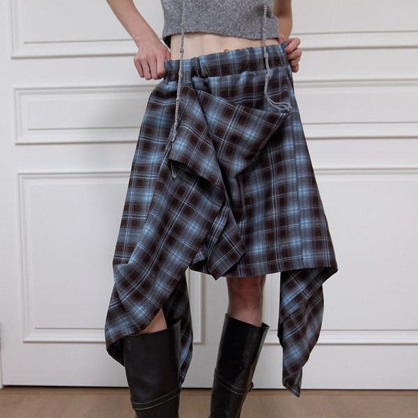 CHECK DRAPED LONG SKIRT - BLUE