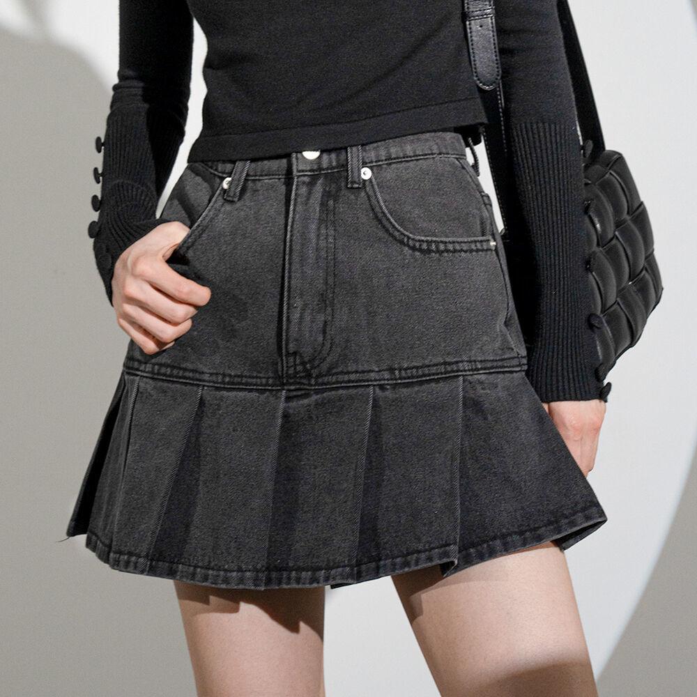PLEATS DENIM SKIRT GREY