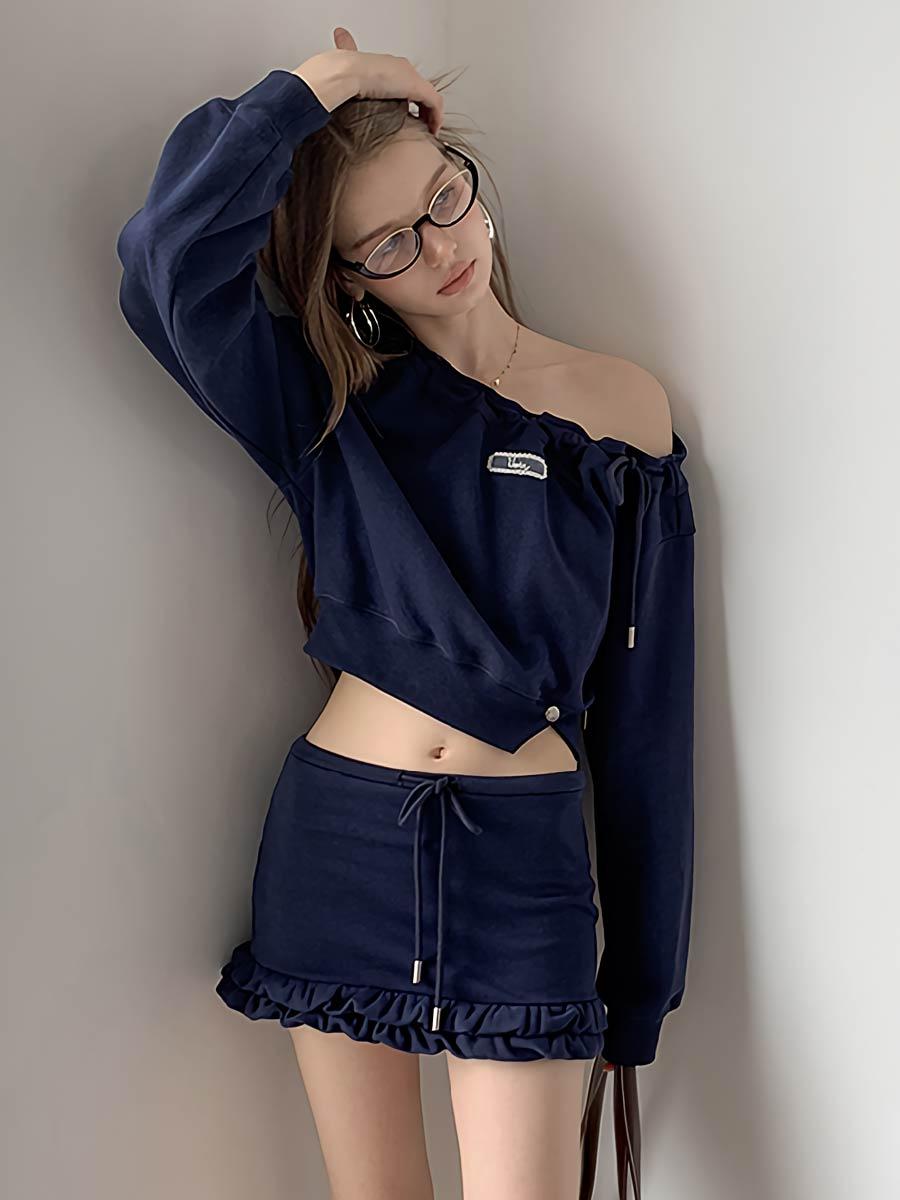 [UENA] Frill Drawstring Sweat Set Up