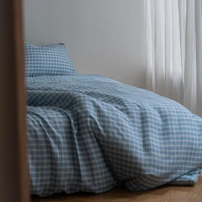 스카이 블루 체크 모달 옥수수솜 무봉제 차렵이불 SS/Q/K/EK
