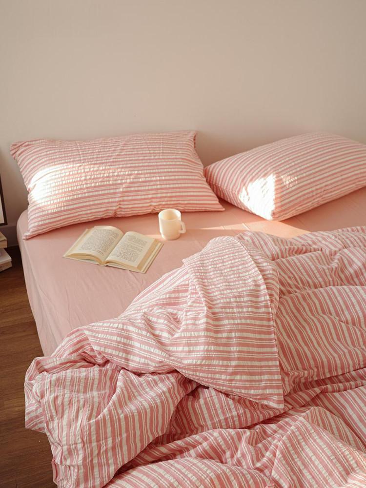 수심 핑크 시어서커 이불 베개 세트 커버 침구 40수 순면 스트라이프 여름 더블 퀸
