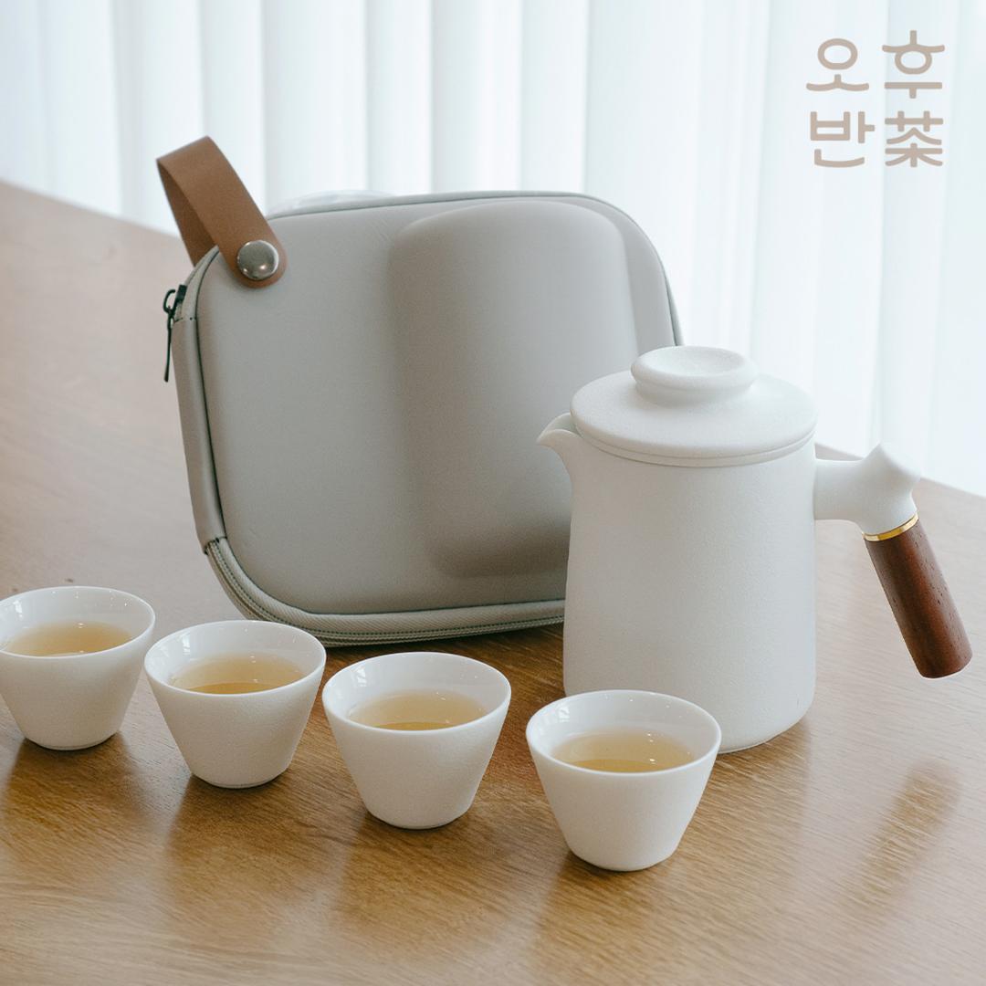 오후반차 머그컵 휴대용 티팟세트 도자기 티포트 다관1,찻잔4,휴대용파우치