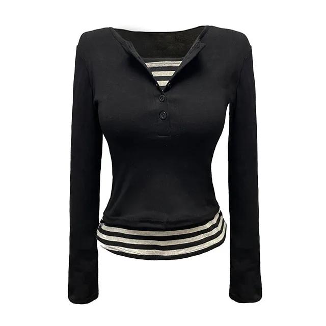 (당일⚡️유니크) 스트라이프 단가라 레이어드 단추 긴소매 긴팔티