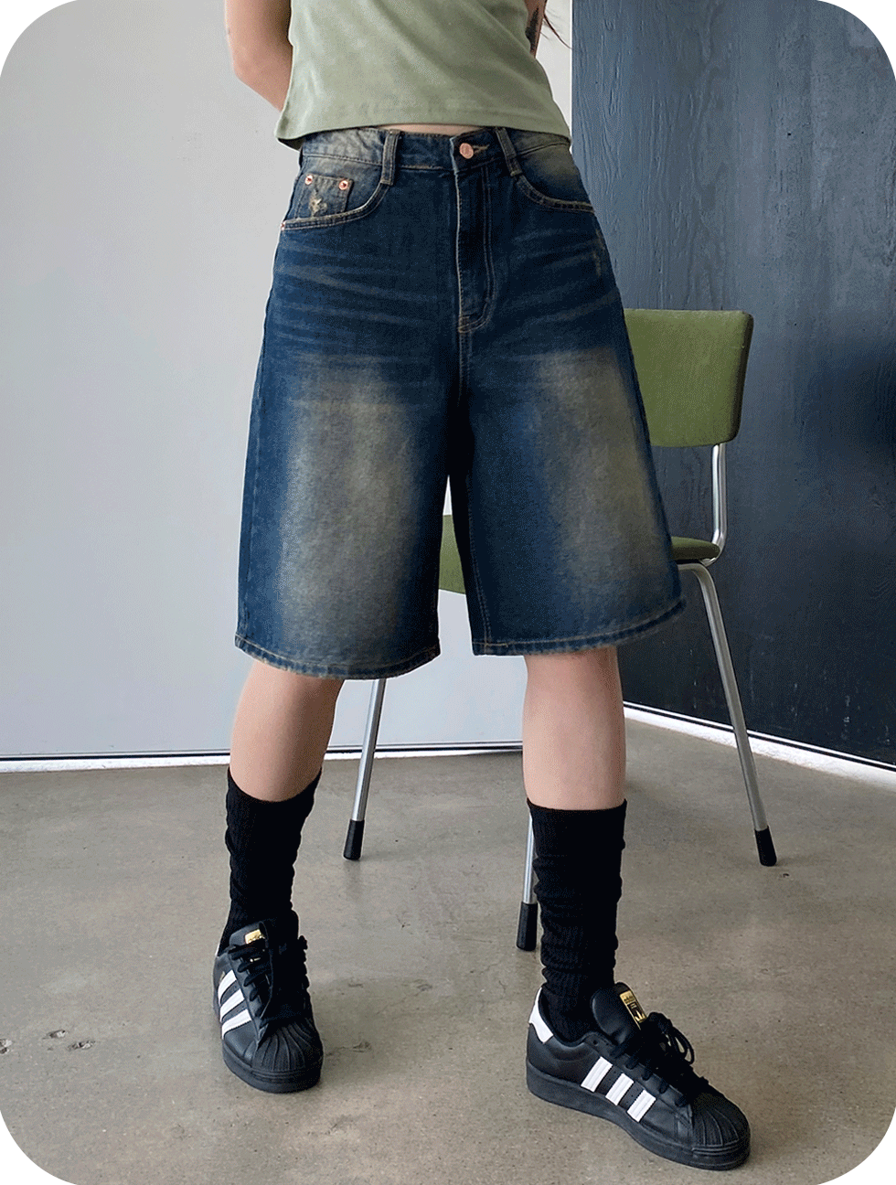[빈티지워싱/버뮤다핏] 데벨 5부 데님 버뮤다 하프 숏 팬츠 - 2color