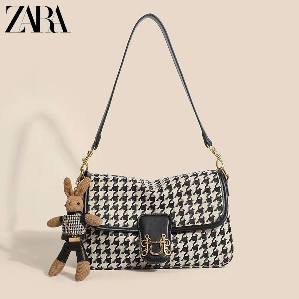 자라 가방 블랙 체크 미니 캔버스 토트 숄더백