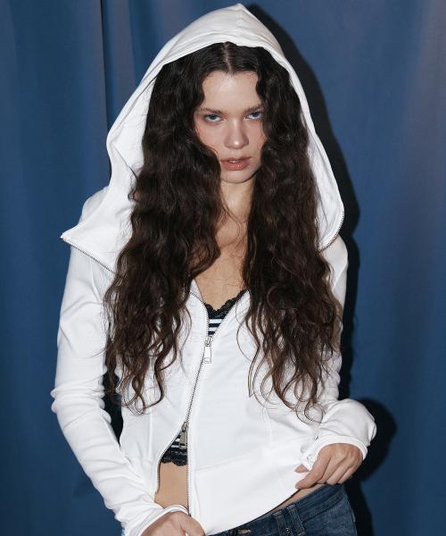 Edie Unbal high-neck Hoodie Zip Up (White)