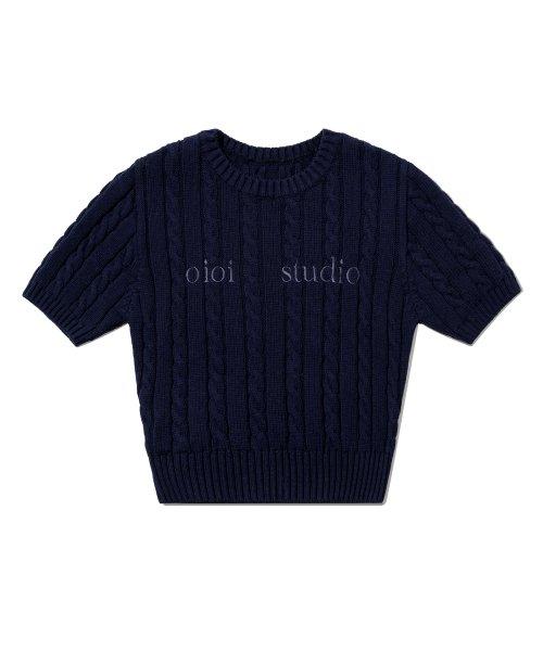 레이어드 로고 하프 케이블 니트_다크 네이비