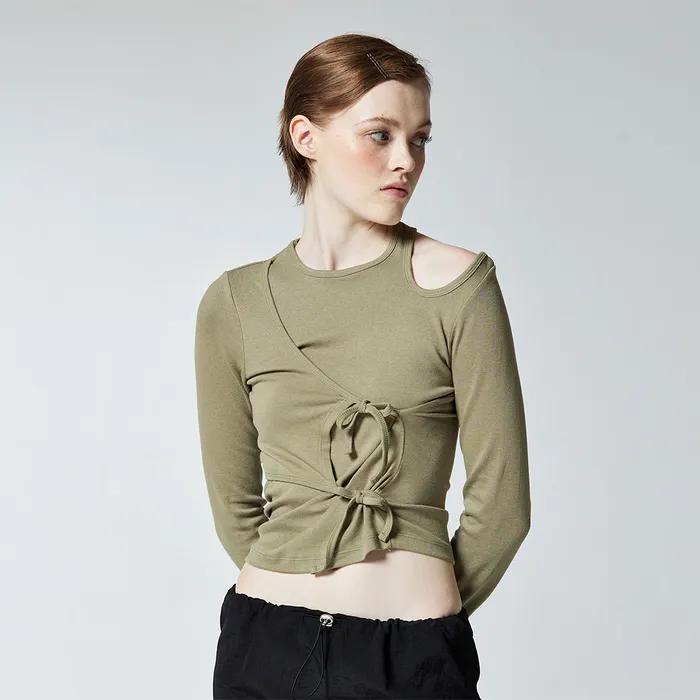 LEAVE CUT-OUT RIBBON TEE - KHAKI