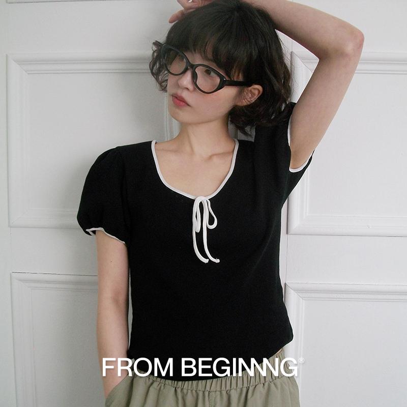 프롬비기닝 [3천장돌파][MADE]리본 배색아일렛티 (3color)(컬러추가) (반팔 티셔츠 반팔티 여름 휴양지 휴양지룩 출근룩 오피스룩 상의 반팔티셔츠)