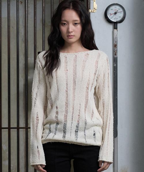 데미지드 시스루 라운드 니트 [크림]