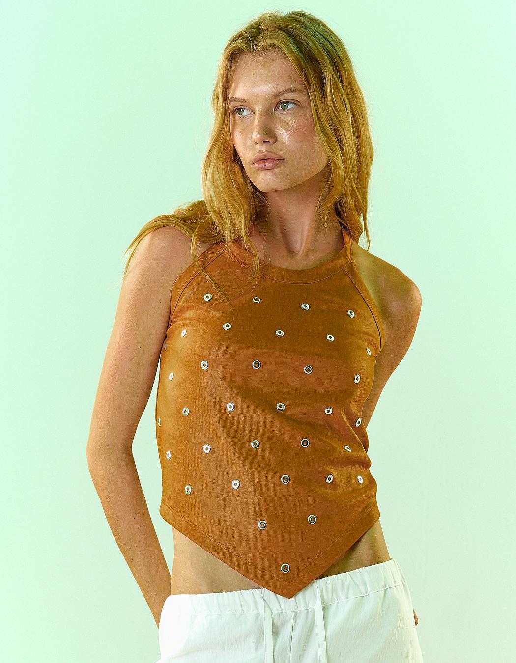 EYELET GLOSSY HALTER TOP, ORANGE