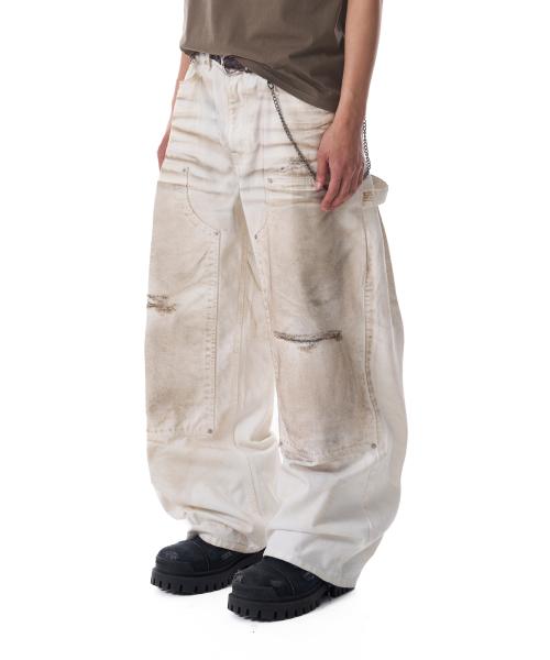 Dirty Washed Double Knee Cotton Pants (White)